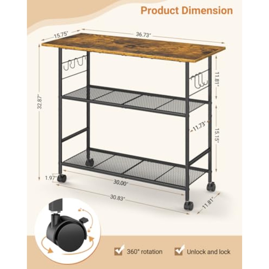 Kitchen Island with 3 Shelves, - Kitchen Baking Cart avis et prix
